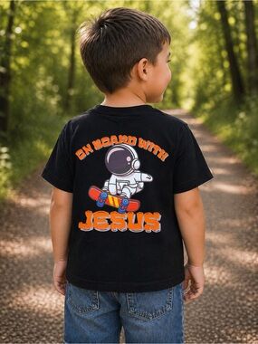 Gildan Black Kids Tee with Astronaut Skateboard Graphic in Orange and Red